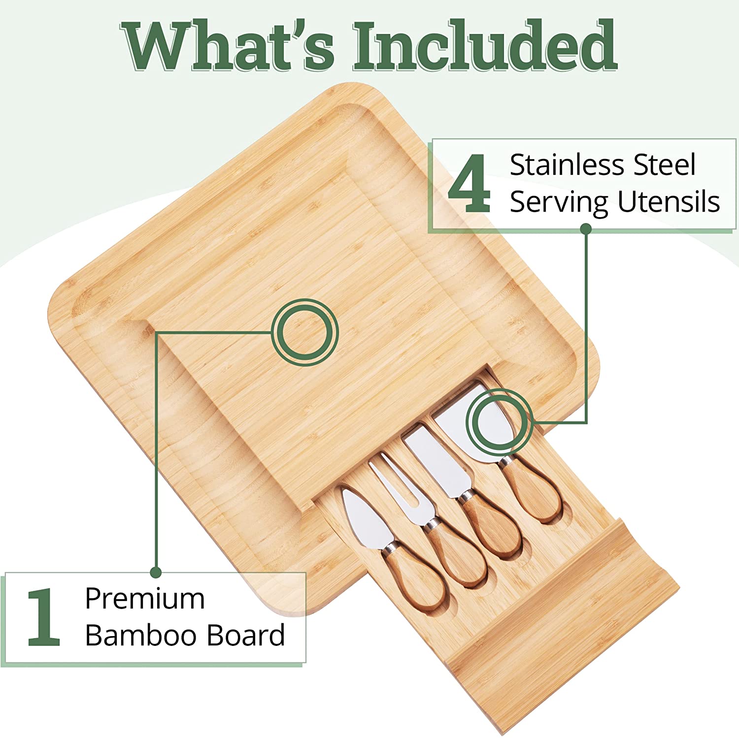 Bamboo Cheese Board Set With Cutlery In Slide-Out Drawer Including 4 Stainless Steel Knife and Serving Utensils