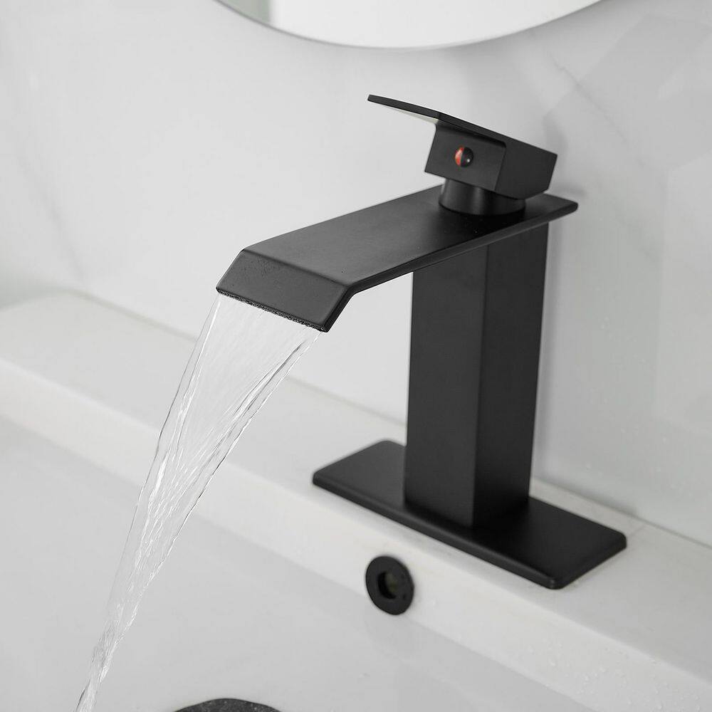 BWE Waterfall Single Hole Single-Handle Low-Arc Bathroom Faucet With Pop-up Drain Assembly in Matte Black A-96004-Black