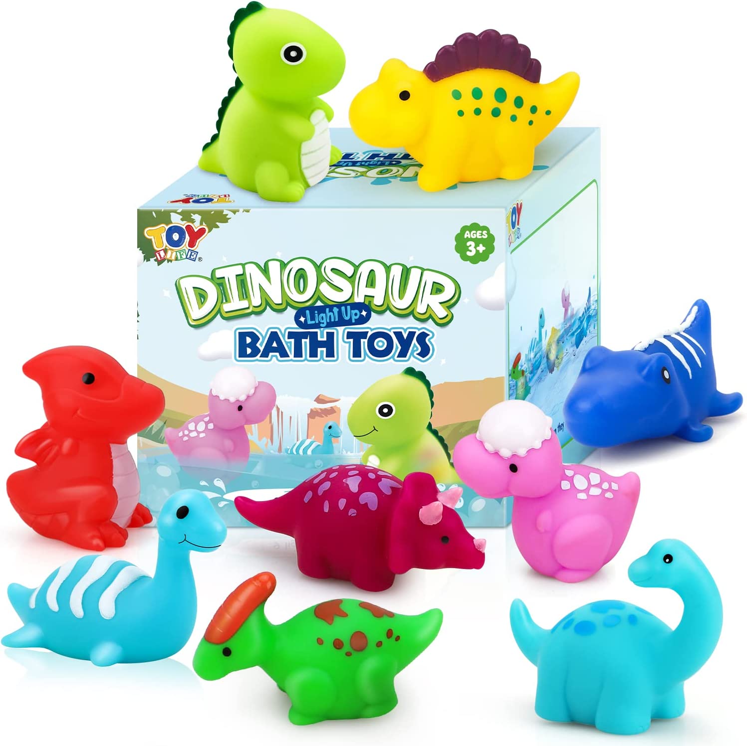 TOY Life 9 Pcs Dinosaur Light Up Bath Toys for Toddlers 3 4 5 6， Kids Bath Toys， Toddler Bath Toys Age 3-4， Bath Tub Toys 3-4， 9 Packs Rubber Animals Bath Toys， Fun Bath Toys for Girls Boys Baby