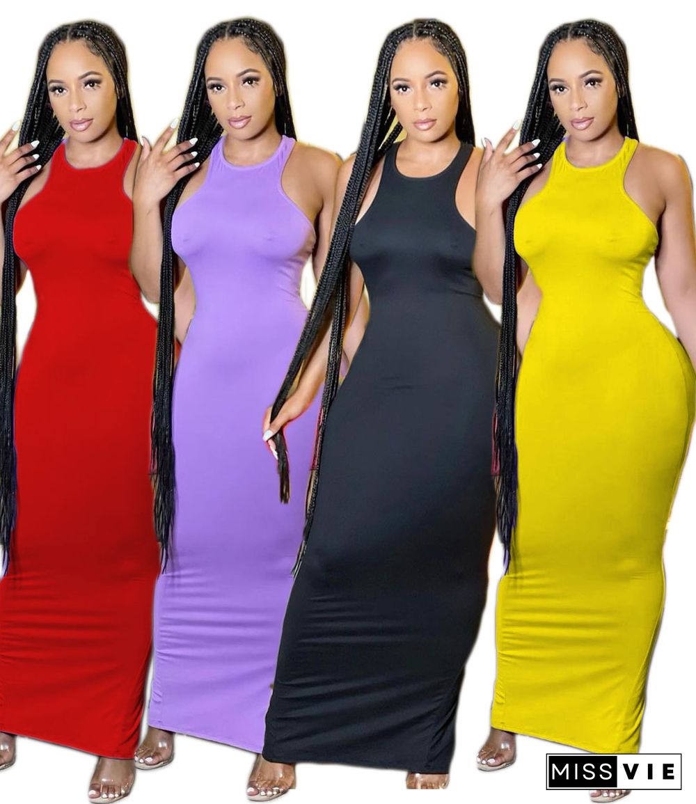 Fashion Solid Color Sleeveless O-Neck High Waist Summer Party Clubwear Outfit Bodycon Long Dress