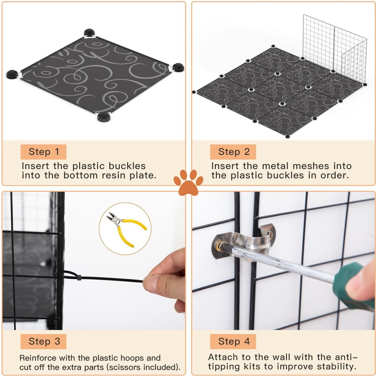 Coziwow 3-Tier 4-Door Cat Cage Playpen， Black， Large