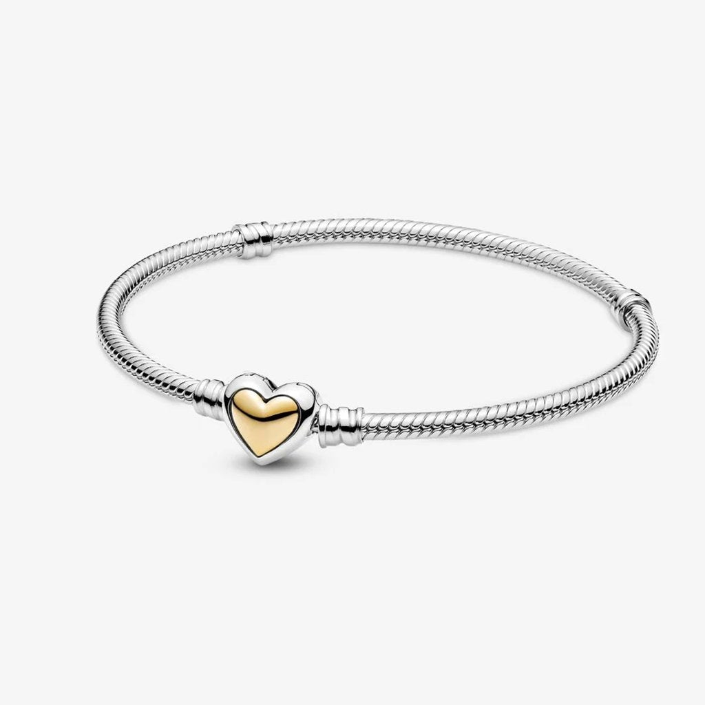 PANDORA  Domed Golden Heart Clasp Snake Chain Bracelet