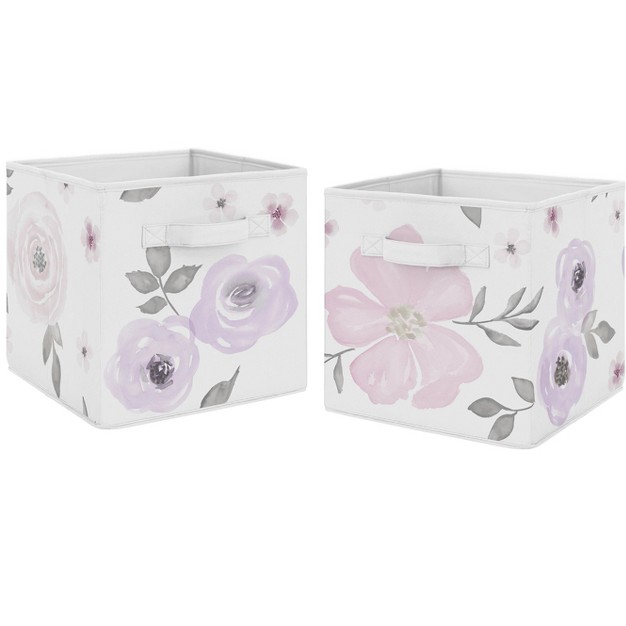 Sweet Jojo Designs Fabric Storage Bins Set Watercolor Floral Purple Grey And Pink