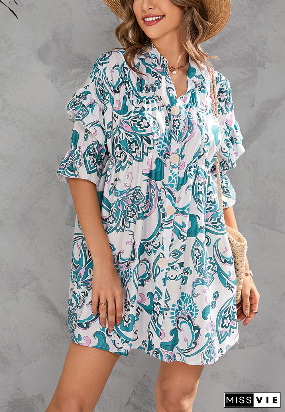 Printed Front Down Button Dress