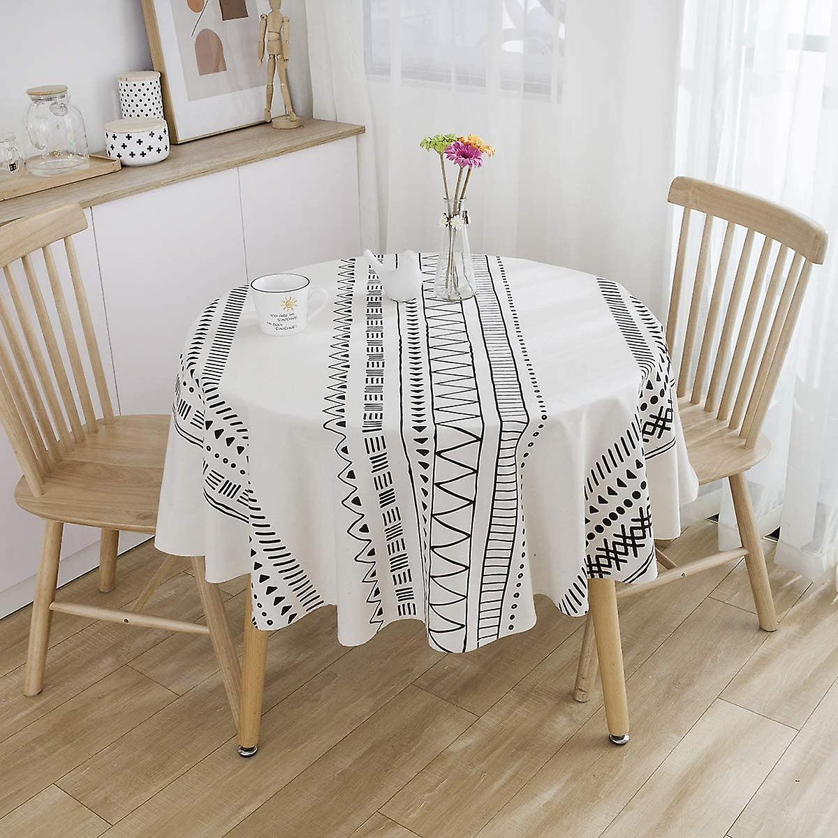 Cotton Linen Table Cloths Heavy Fabric Boho Table Cover Table Top Tablecloth For Farmhouse Coffee Kitchen Picnics White Black Round 60 Inch(4-6 Seats)