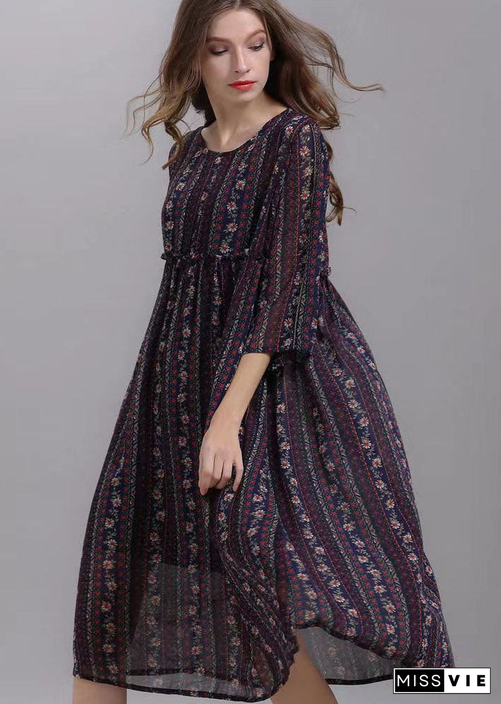 Bohemian Striped O Neck Wrinkled Patchwork Chiffon Dresses Half Sleeve