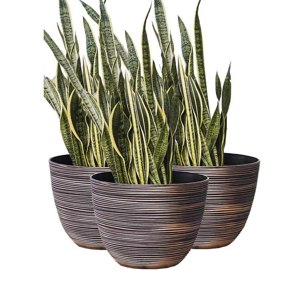 XBRAND 12 in. Tall Bronze Modern Nested Round Textured Indoor/Outdoor Plastic Pot Planter (Set of 3) PL3417BNE