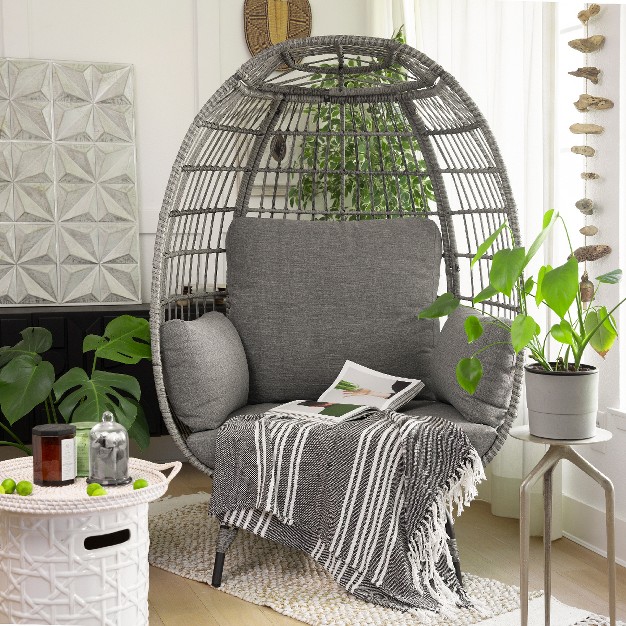 Oversized Egg Chair Style Wicker Chair With Canopy amp 4 Cushions grey