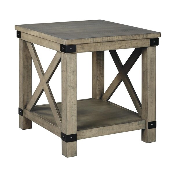 Farmhouse Style End Table with X Shaped Sides and Open Bottom Shelf， Gray