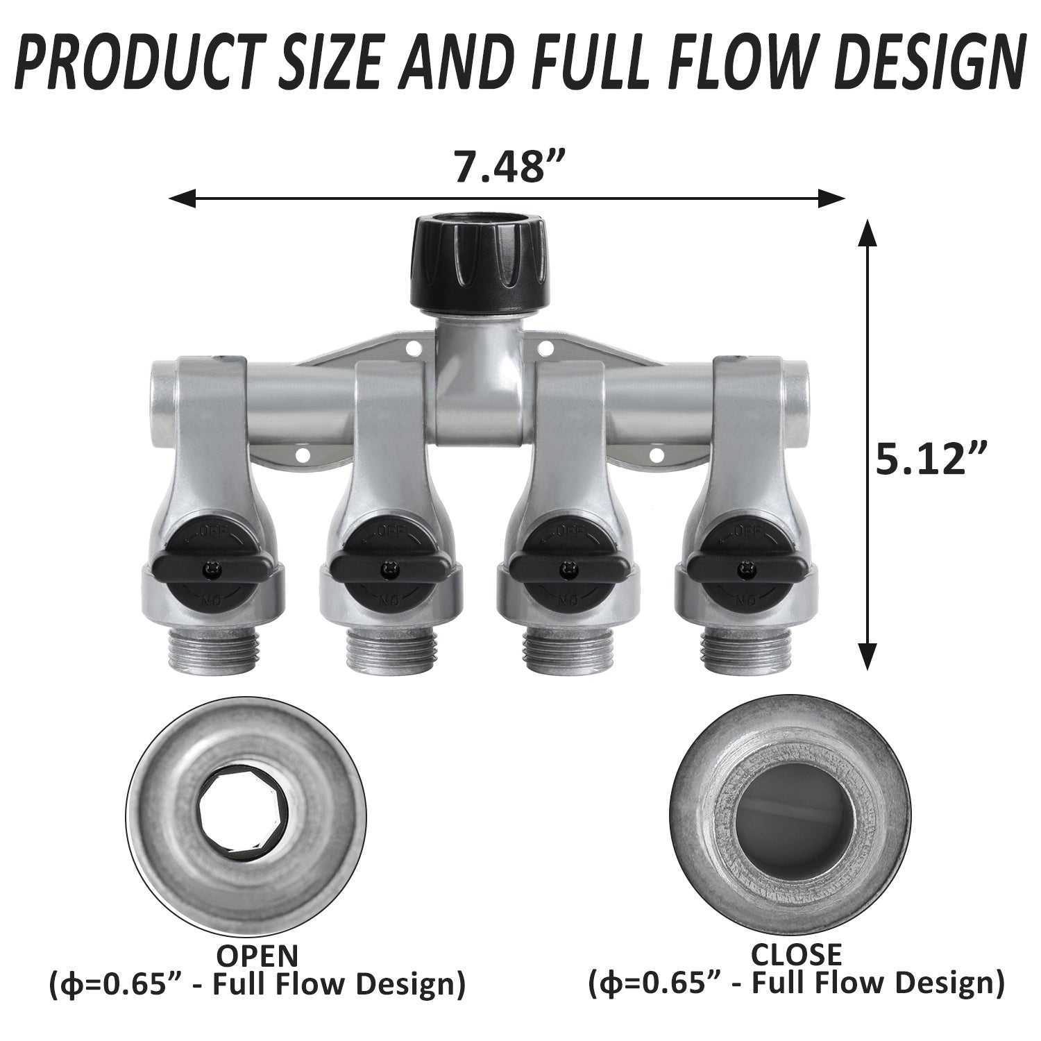 STYDDI Full Flow 4-Way Garden Hose Splitter， Metal High-Flow Four Way Shutoff Garden Hose Splitter， Professional Water Hose Manifold， High Flow Outdoor Spigot 4 Splitter with Cap Type Valve