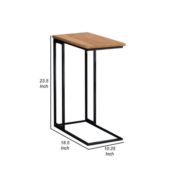 23 Inch Modern C Shape Side End Table， Wood， Metal Frame， USB， Light Brown - 23.5 H x 18.5 W x 10.25 L Inches