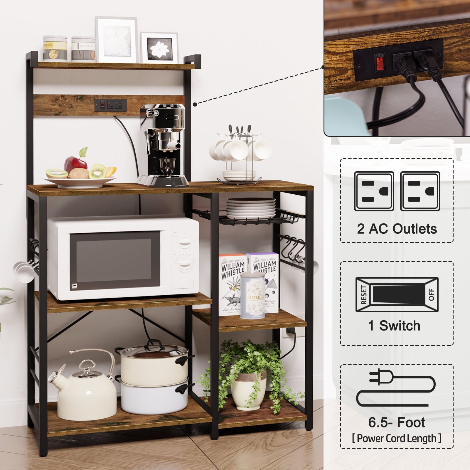 SUPERJARE Bakers Rack with Power Outlet， Microwave Stand， Coffee Bar with Wire Basket， Wood Kitchen Storage Rack with 6 S-Hooks， Kitchen Shelves for Spices， Pots and Pans， Vintage Brown