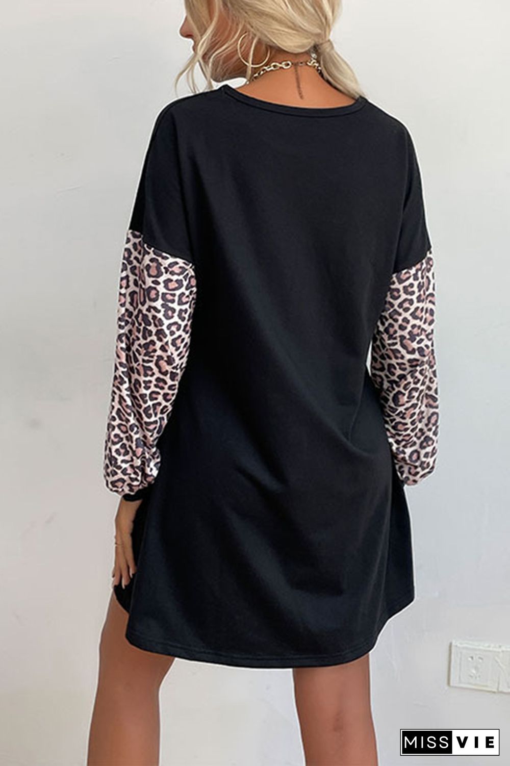 Leopard Print Patchwork Pullover Long Sleeves T-Shirt Dress Wholesale