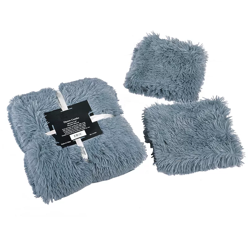 Shaggy Faux Fur Throw with 2 Pillow Shell Set