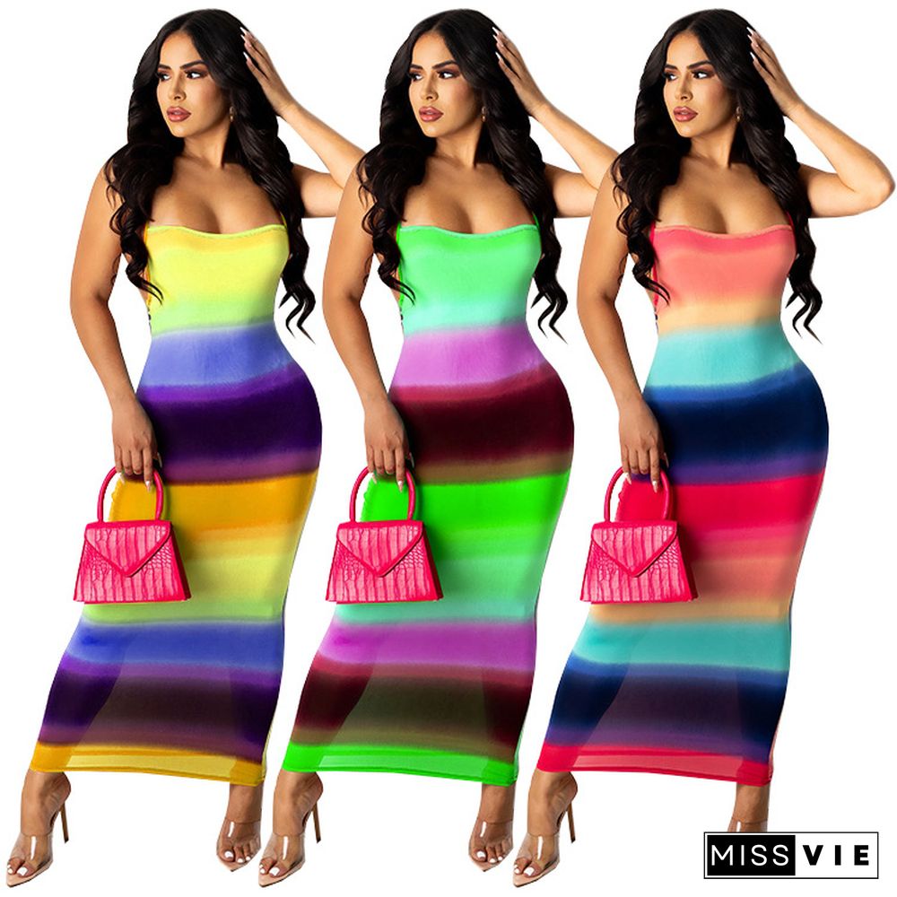 Summer Women Strapless Contrast Color Gradient Striped Printed Backless Bodycon Long Dresses