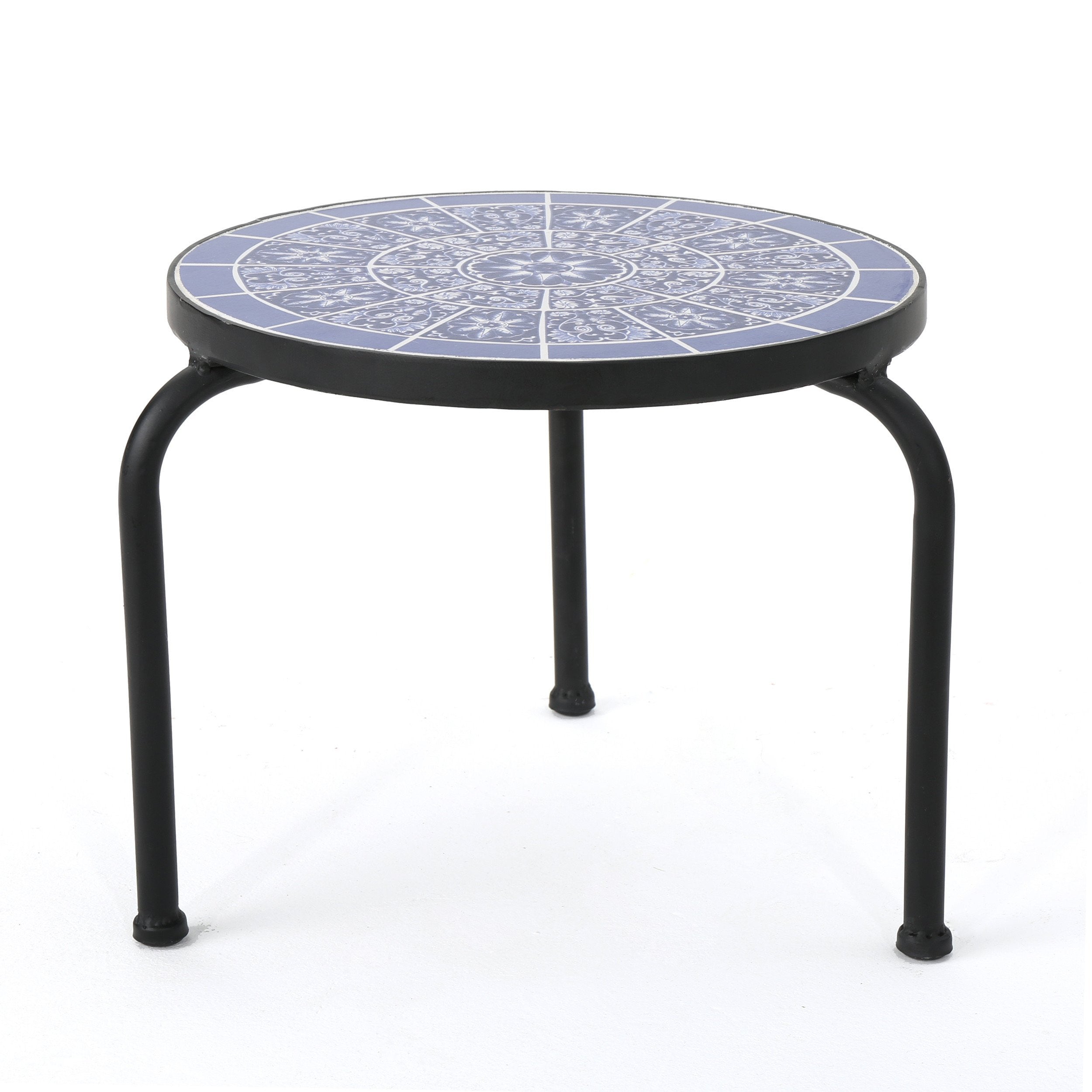 Soleil Outdoor Blue & White Ceramic Tile Iron Frame Side Table