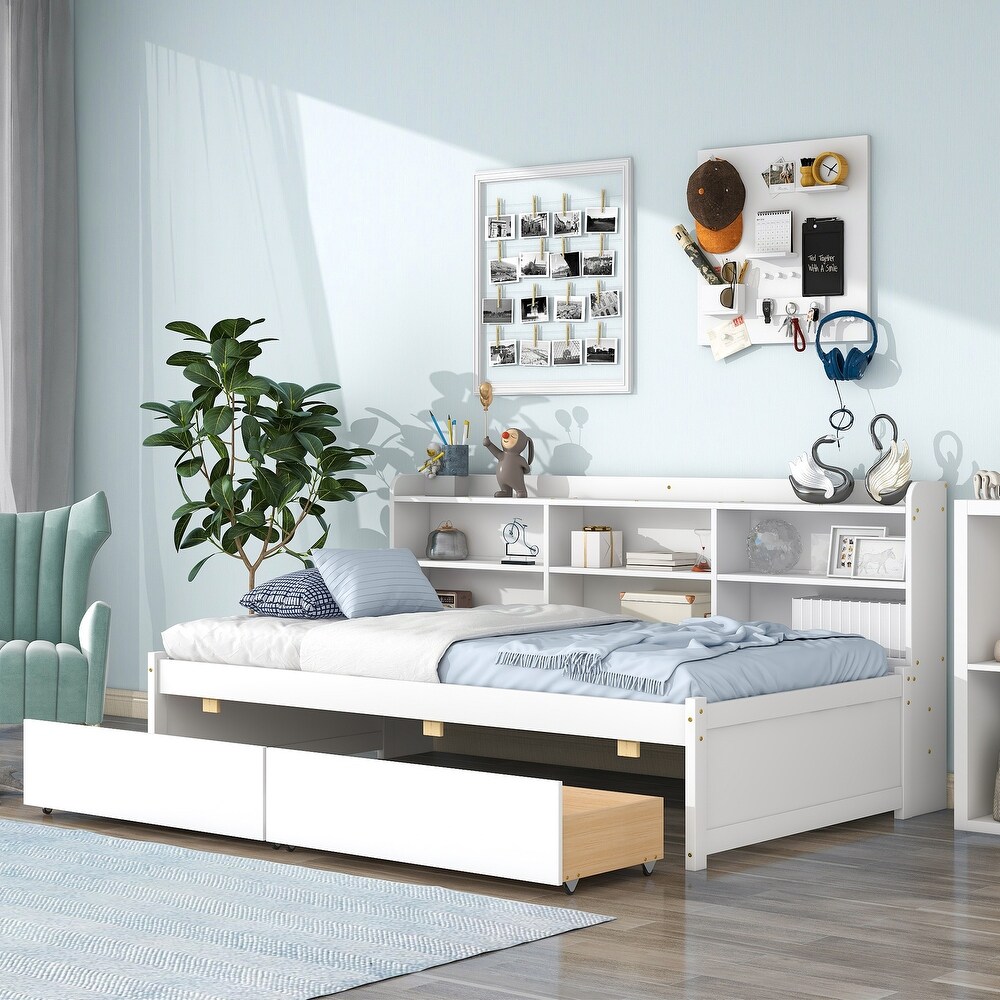 Twin Size Storage Daybed Wood Platform Bed with Side Bookcase and 2 Drawers  White