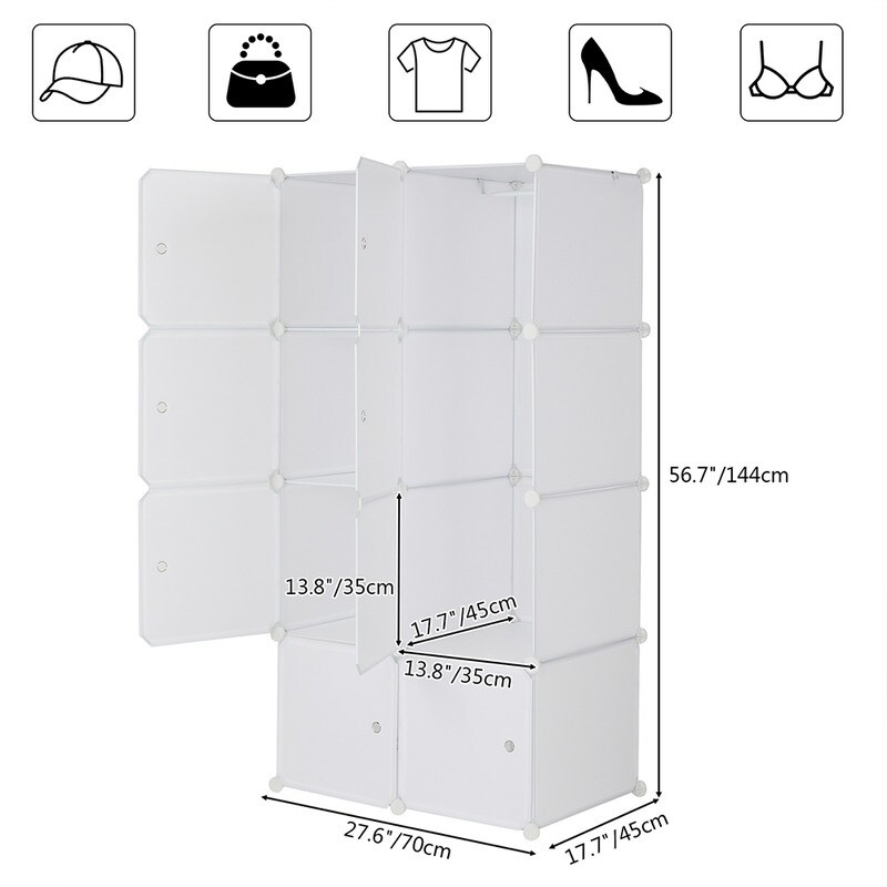 8/12/16/20 Cube Organizer Stackable Plastic Cube Storage Closet Cabinet with Hanging Rod White