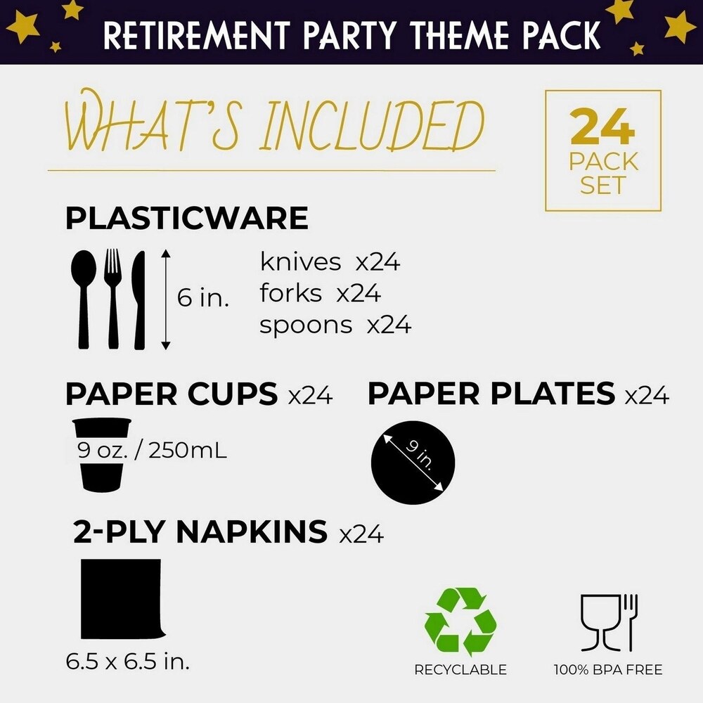 24 Set Happy Retirement Party Supplies Knives Spoons Forks Plates Napkins Cups