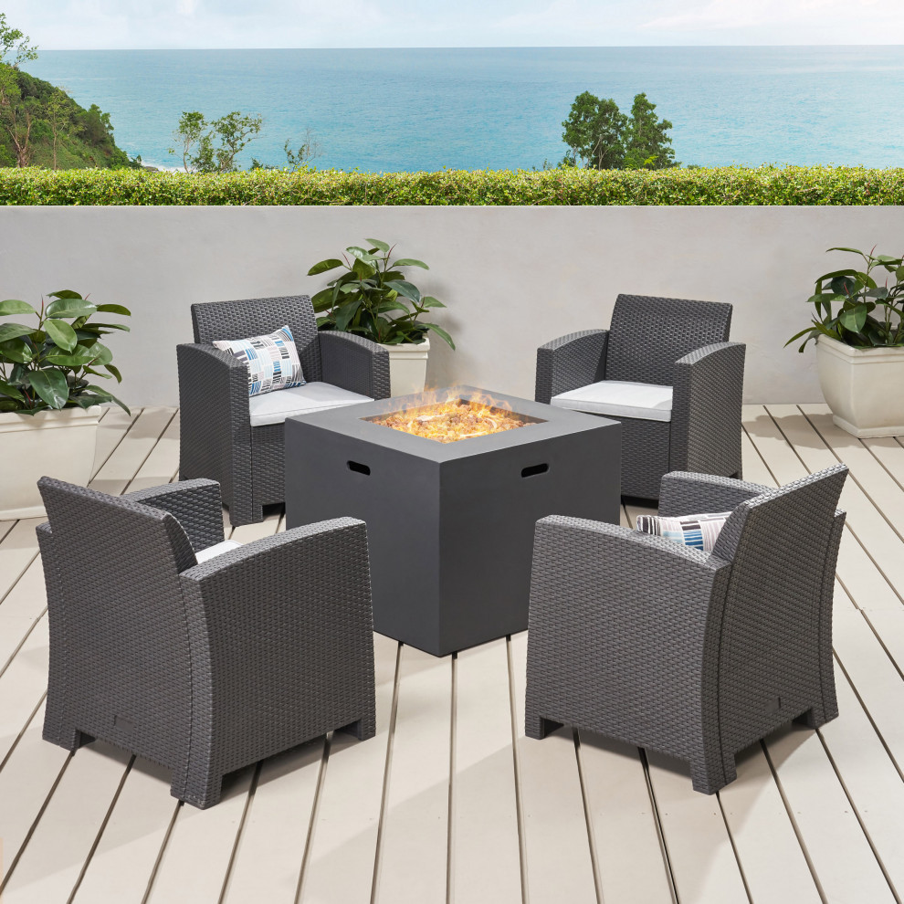 Pensacola Outdoor 4 Seater Wicker Print Chat Set With Propane Fire Pit   Tropical   Outdoor Lounge Sets   by GDFStudio  Houzz