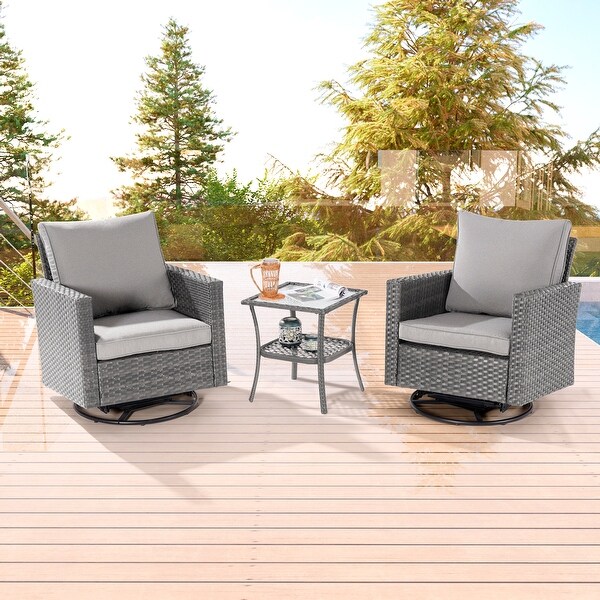 BONOSUKI 3Pcs Patio Swivel Rocking Sofa Set Brown Grey w/Glass Table