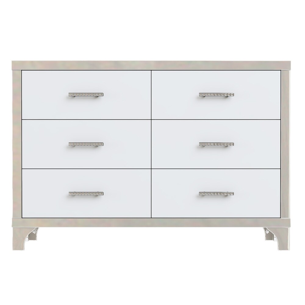 High Gloss Dresser with Metal Handle  Mirrored Storage Cabinet with 6 Drawers for Bedroom  Living Room