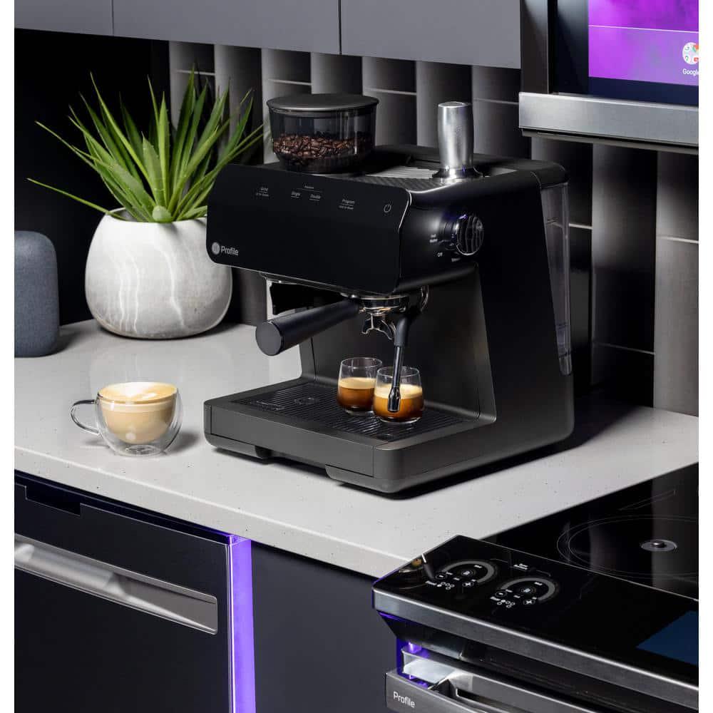 GE Profile 1 Cup Semi Automatic Espresso Machine in Black with Builtin Grinder Frother Frothing Pitcher and WiFi Connected