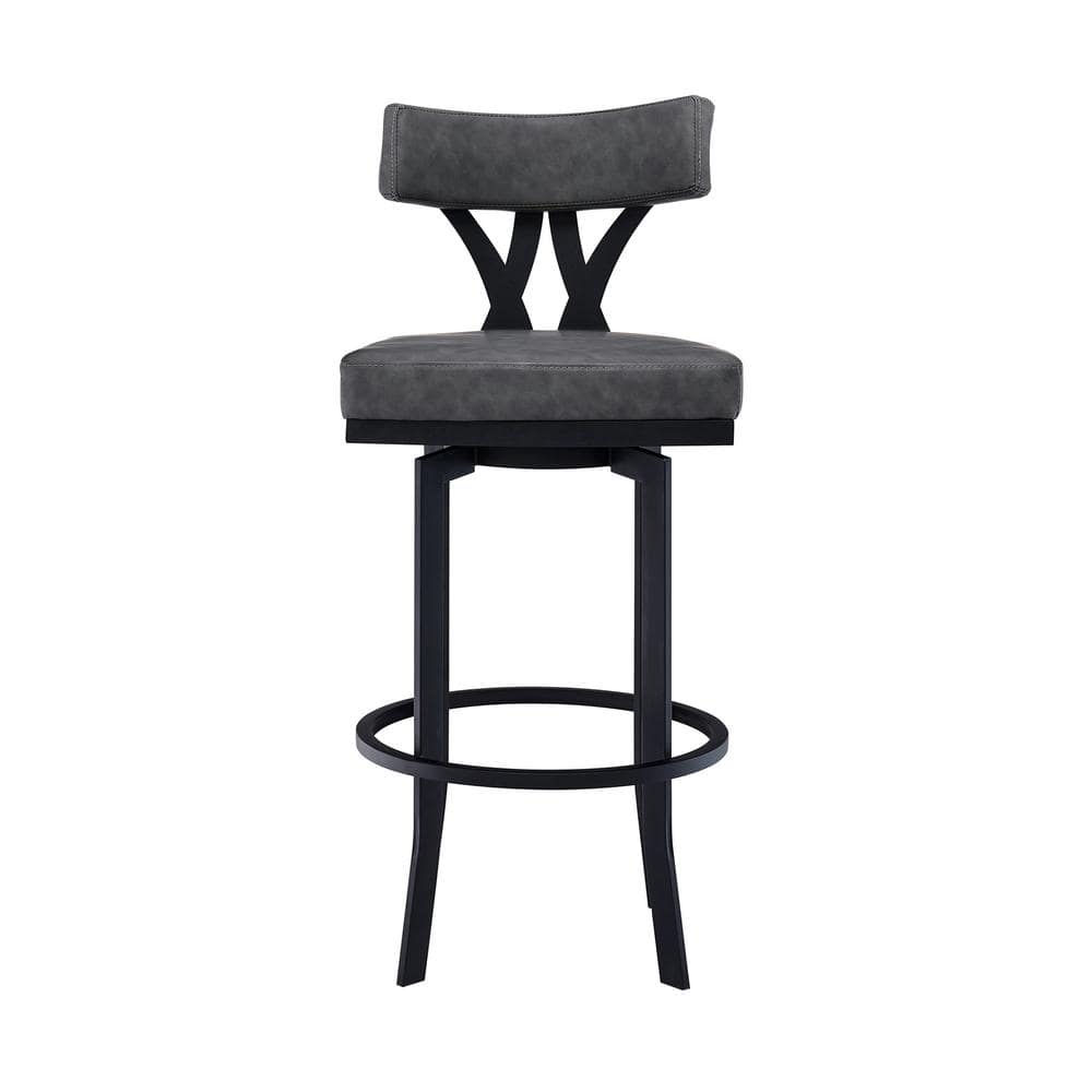 Armen Living Natalie Contemporary 30 in. Bar Height Bar Stool in Black Powder Coated and Vintage Grey Faux Leather LCNTBABLVG30