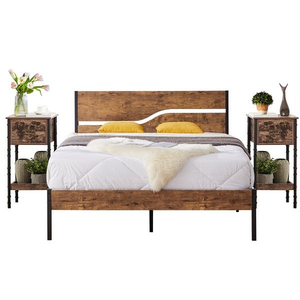 Taomika 3-pieces Bedroom Set with Platform Bed Frame and Nightstands Set of 2，Rustic Brown - - 36189199