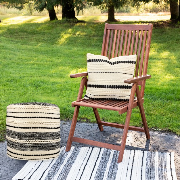 Striped Cream And Black Outdoor Woven Pouf Ottoman