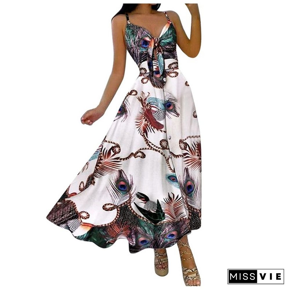 Women Fashion V-neck Tie Waist Floral Sling Dress Vacation Casual Long Skirt