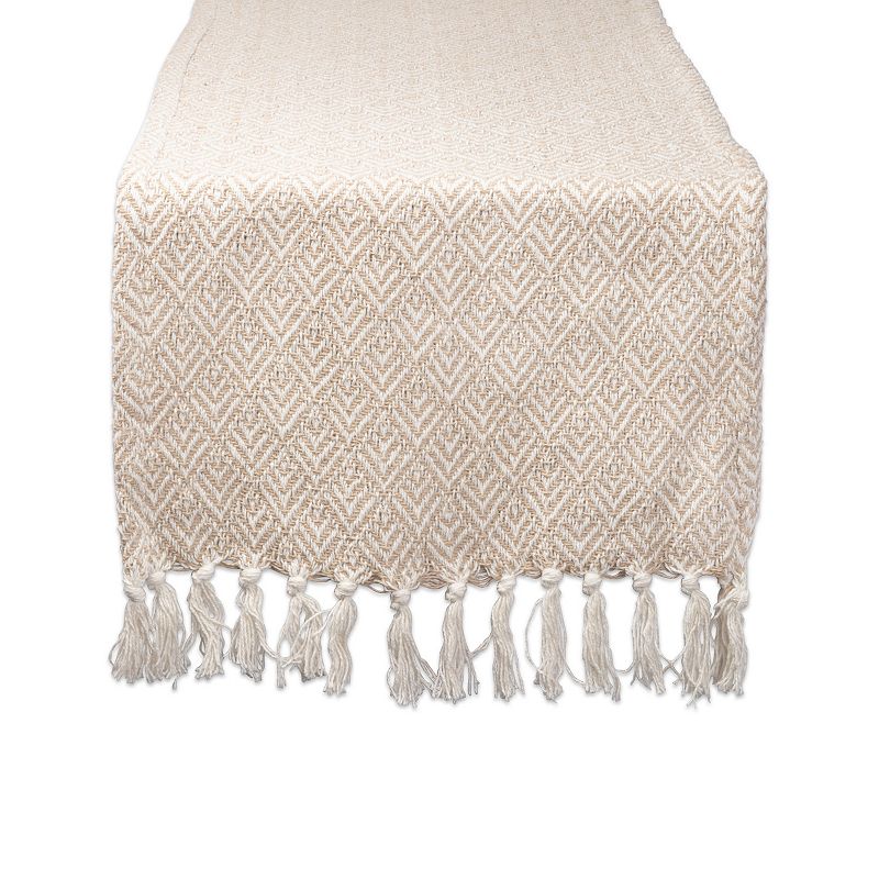 72 Beige and White Rectangular Diamond Weaved Table Runner with Tassels