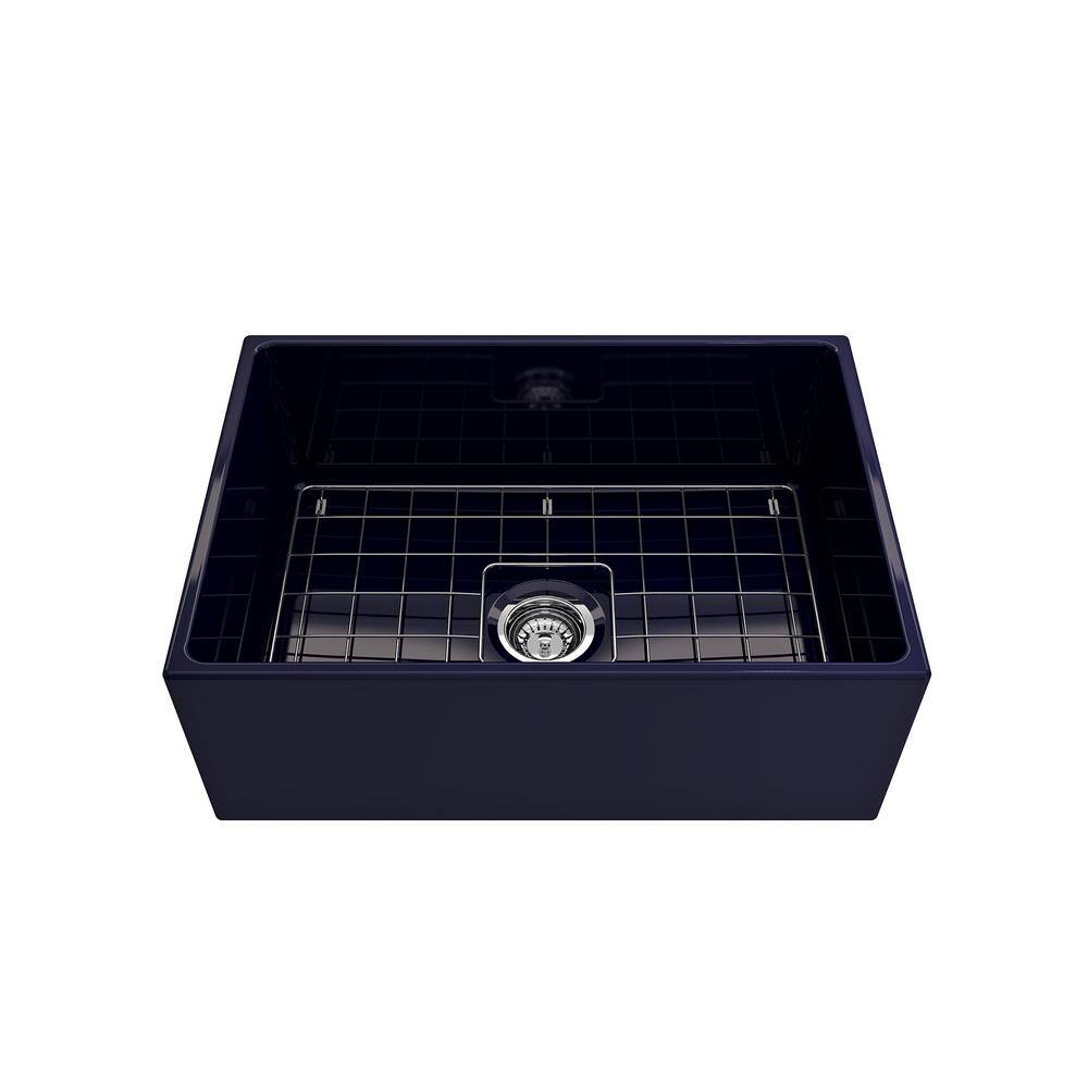 BOCCHI Contempo FarmhouseApron-Front Fireclay 27 in. Single Bowl Kitchen Sink with Bottom Grid and Strainer in Sapphire Blue 1356-010-0120