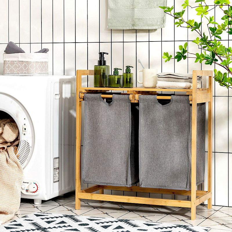 Wicker Laundry Hamper with Dual Compartments Laundry Sorter and Sliding Bags-Natural