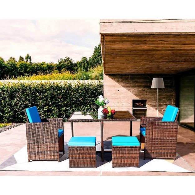 5pc Outdoor Wicker Conversation Set With Rattan Chairs amp Ottomans amp Tempered Glass Tables Devoko