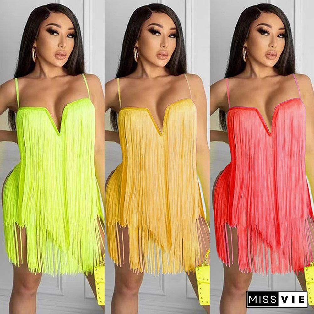 Sexy Solid Color Club Tassel Fringe V Neck Bodycon Mini Dress