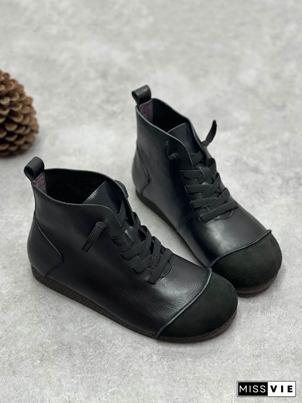 Women Winter Vintage Leather Drawstring Splicing Ankle Boots