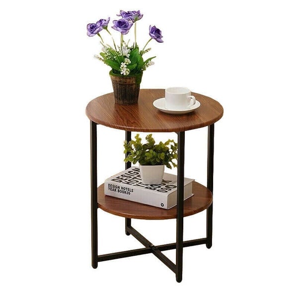 Side Table 2 Tiers Wood Nightstand X Base Brown Modern Sofa Side Table