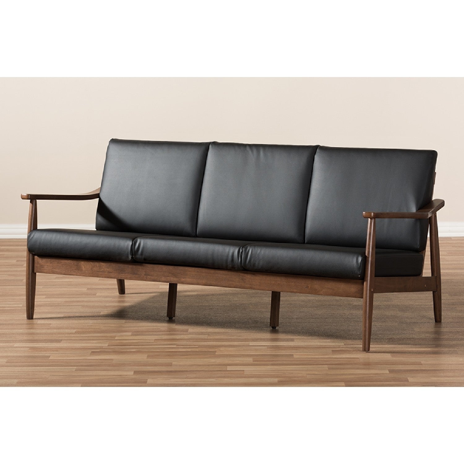 Baxton Studio Venza Walnut Wood Black Faux Leather 3 Seater Sofa