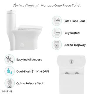 Swiss Madison Monaco 1-Piece 0.81.28 GPF Dual Flush Elongated Toilet in White SM-1T108