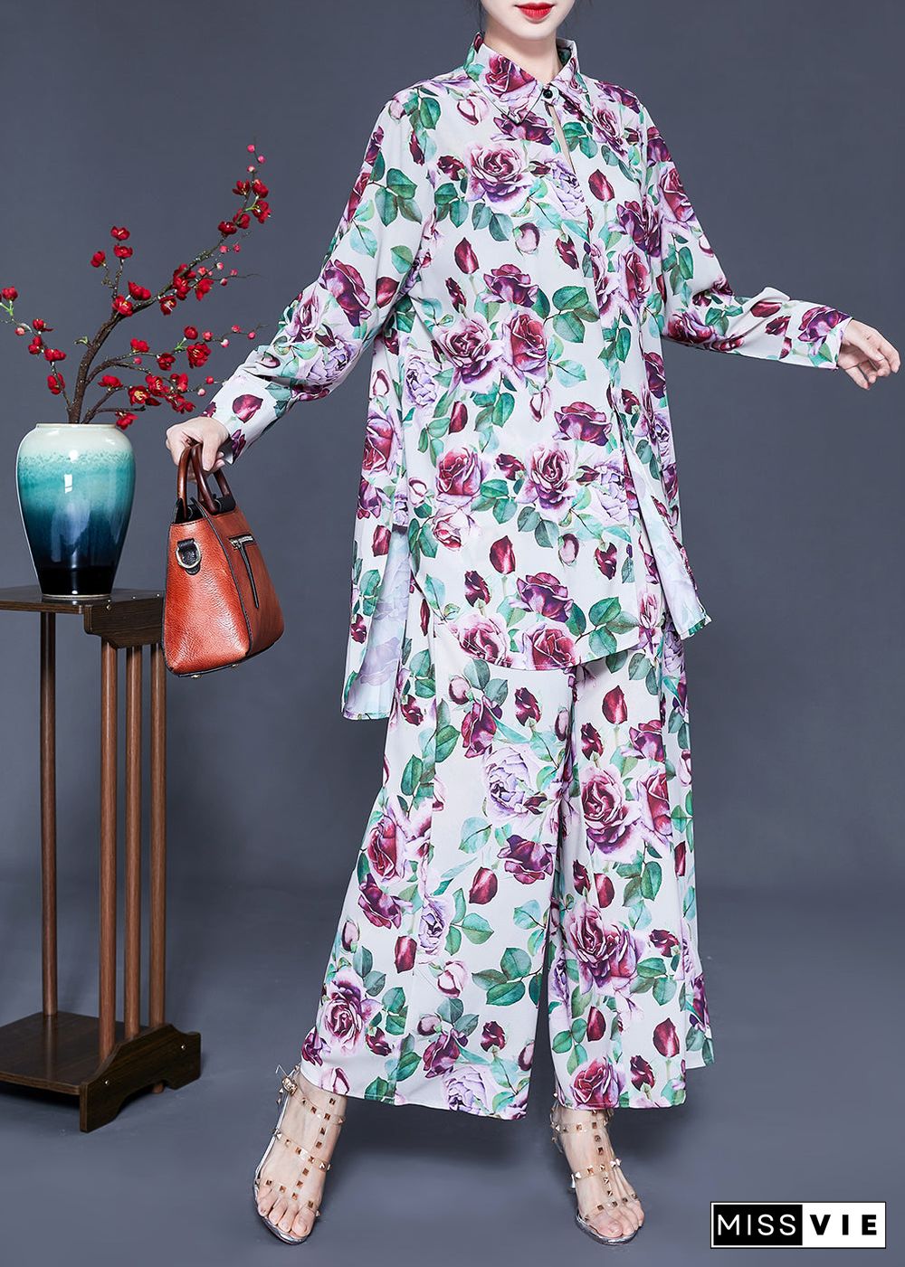 Elegant Purple Floral Print Side Open Silk Tops And Pants Two Pieces Set Spring