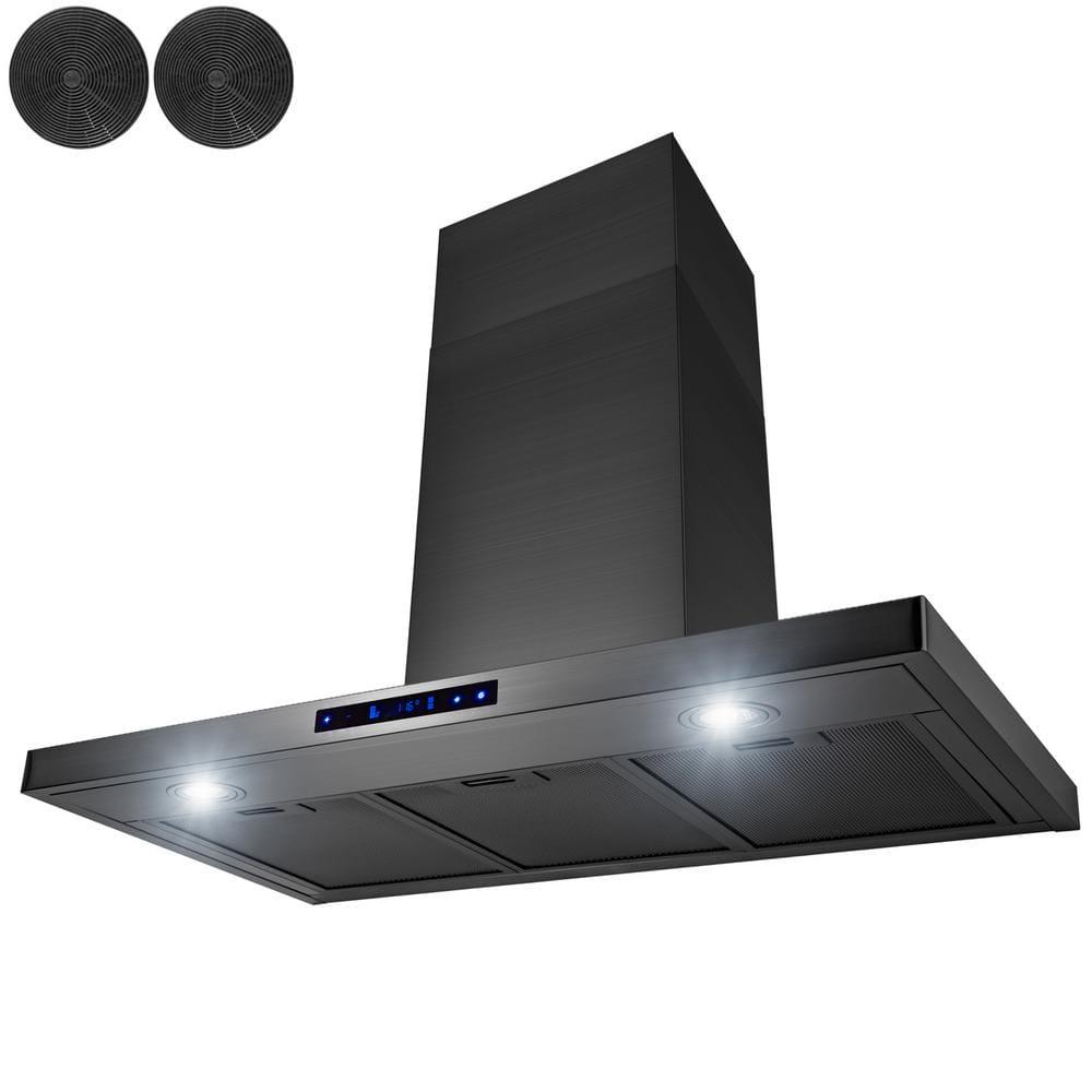 AKDY 36 in 343 CFM Convertible Wall Mount Kitchen Range Hood with Lights and Carbon Filters in Brushed Black Stainless Steel