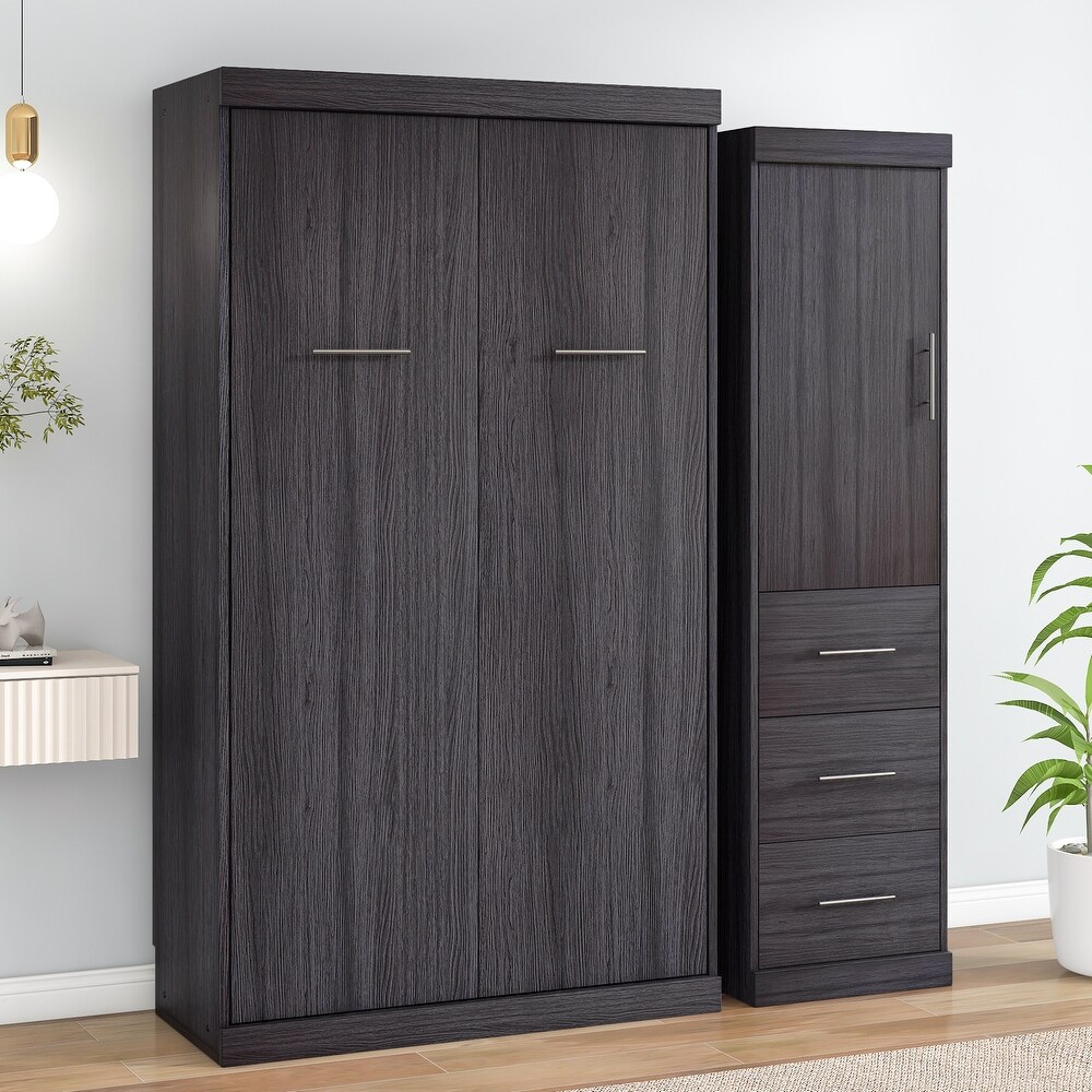 Murphy Bed with Wardrobe and 3 Storage Drawers  Pine Wood Multifunctional Storage Wall Bed  Can be Folded into A Cabinet