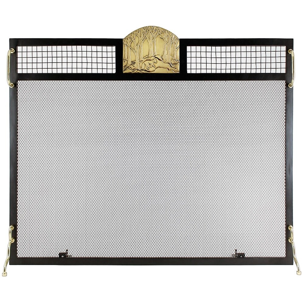 Minuteman International Forest Fox Emblem Fireplace Screen  38 Inch Long  Polished Brass and Matte Black