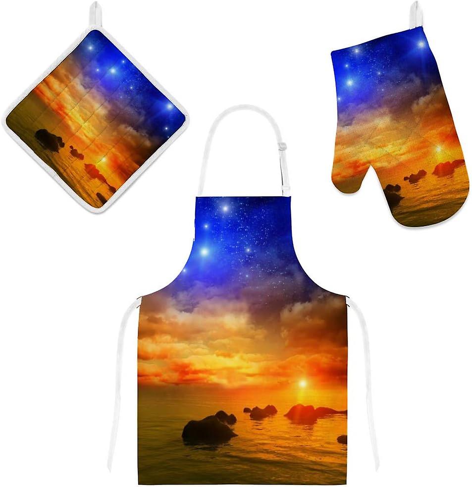 Insulation Kitchen Oven Mitts Potholder Apron 3pcs Set 3d Fantasy Landscape Non Slip Heat Resistant Gloves For Baking Cooking Bbq