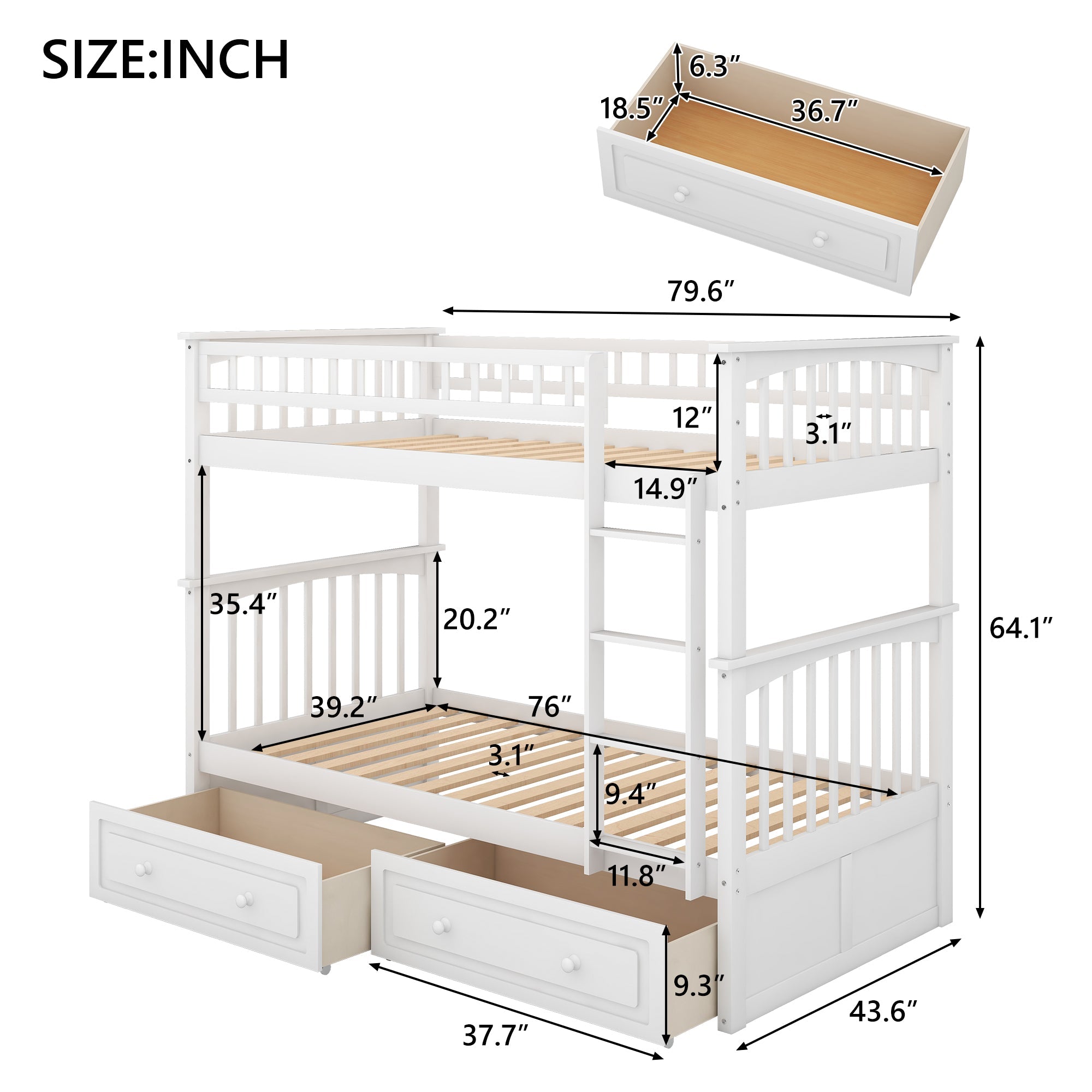 Euroco Twin Wood Bunk Bed with Drawers for Kids' Bedroom, White