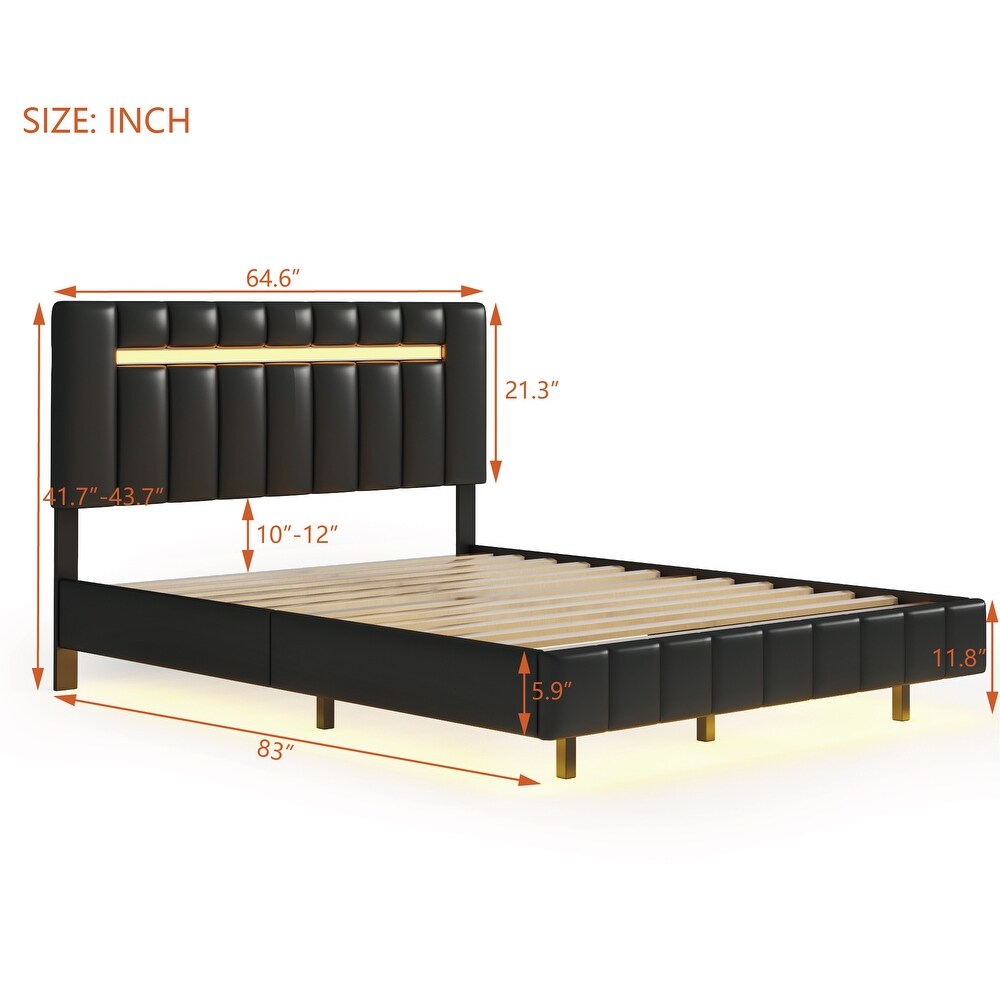 Queen Size PU Leather Upholstered Floating Platform Bed with LED Lights Bed Frame and USB Charging