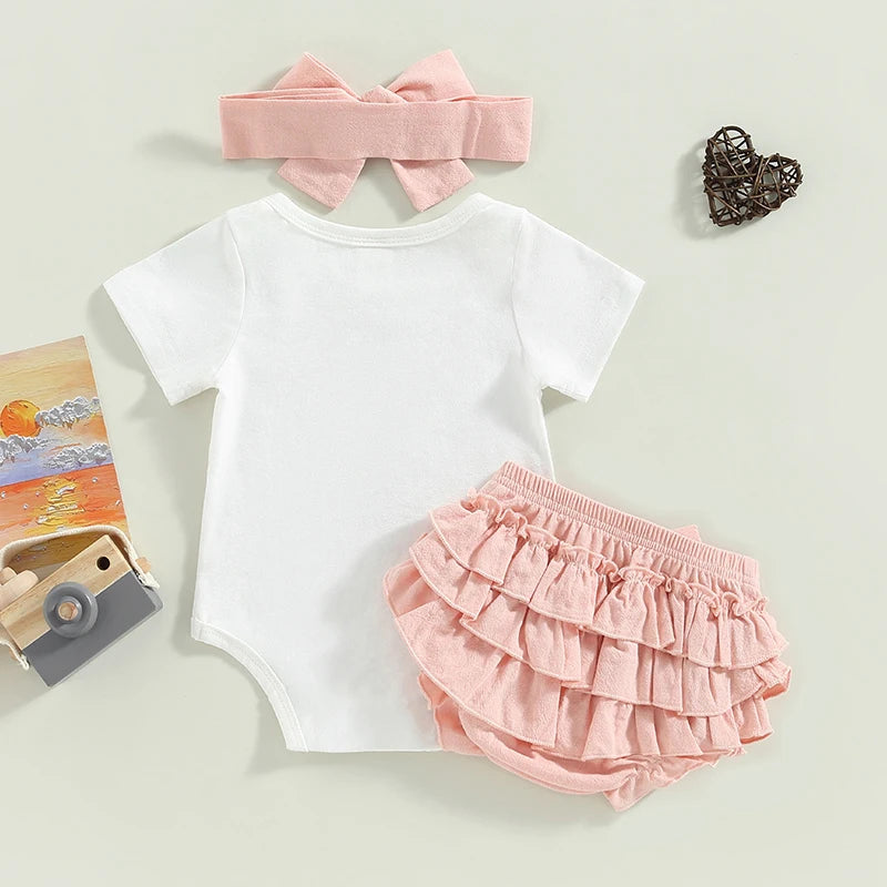 2023-02-14 Lioraitiin Baby Girl 3Pcs Father's Day Clothing Short Sleeve Round Neck Letters Print Bodysuit Tops Skirt Head Band