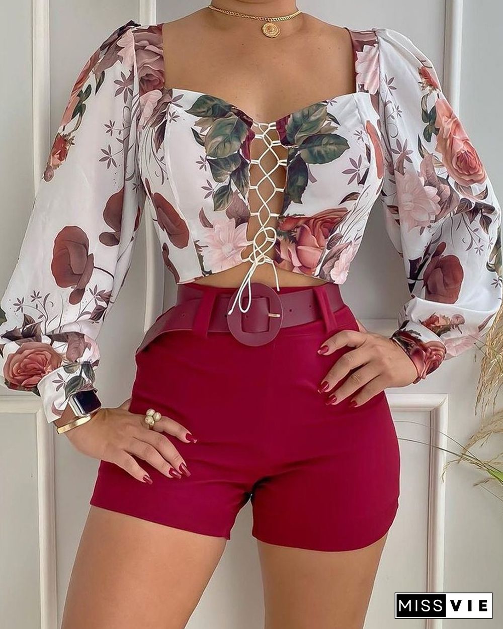 Floral Print Long Sleeve Lace-up Front Crop Top & Shorts Set