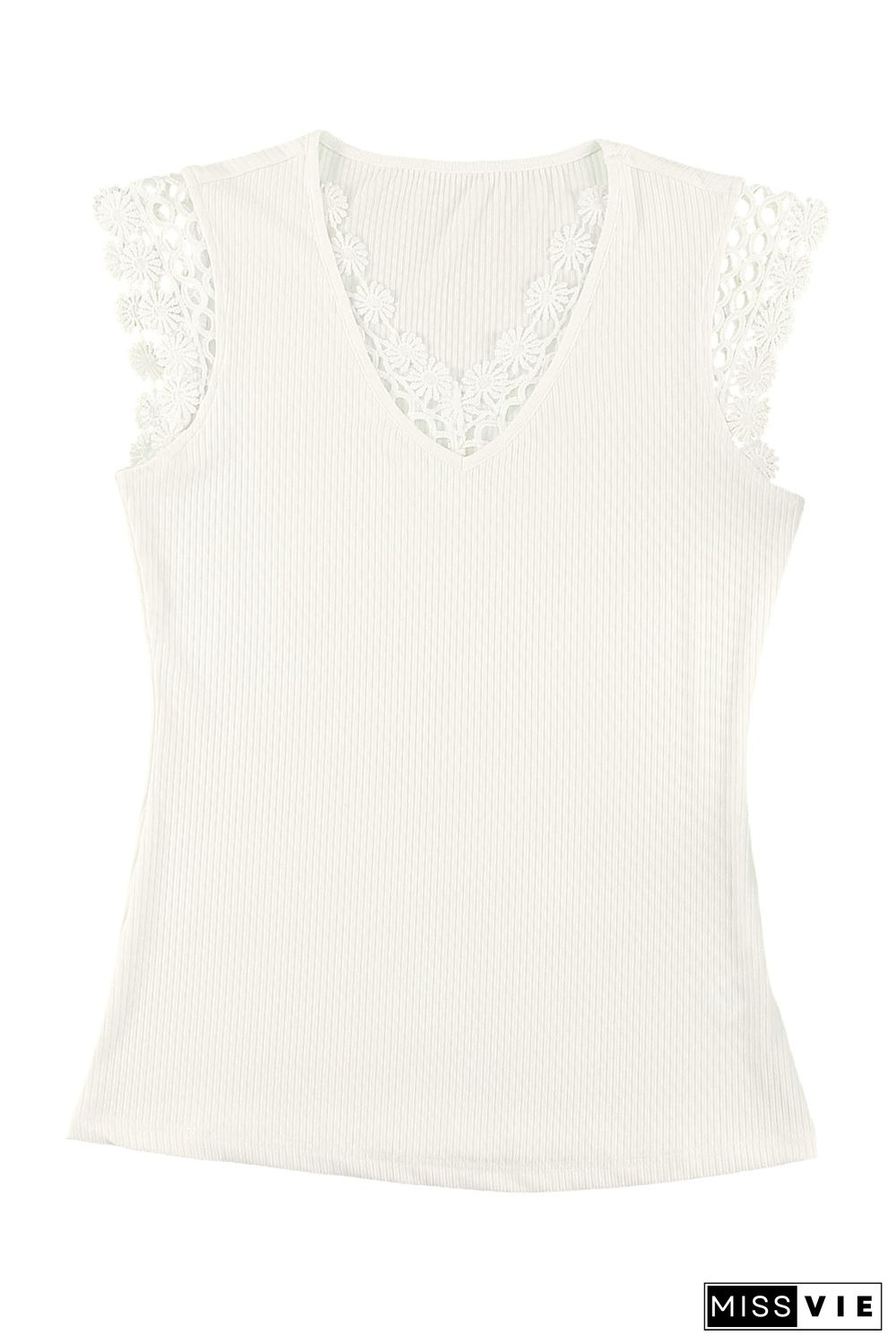 Lace Crochet Ribbed V Neck Tank Top